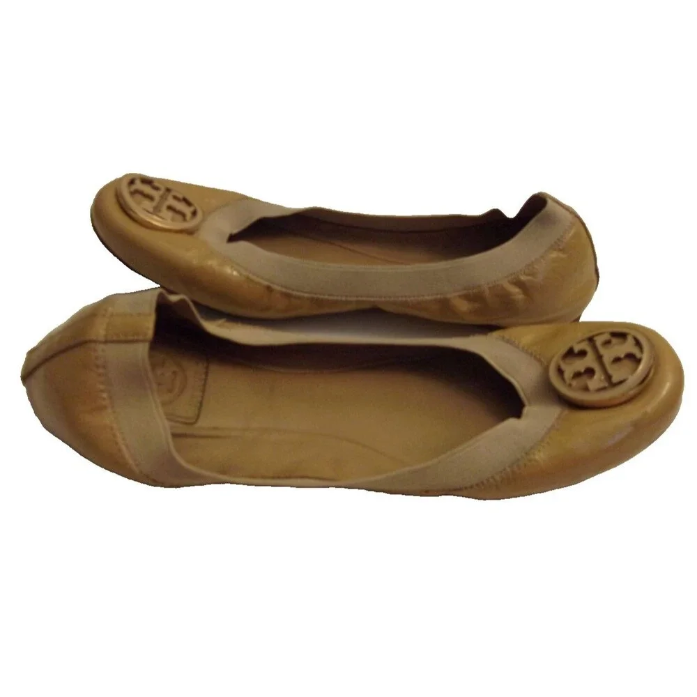 Tory Burch Ballet Flats Size 8 Medium Tan Patent Leather  Beige Khaki